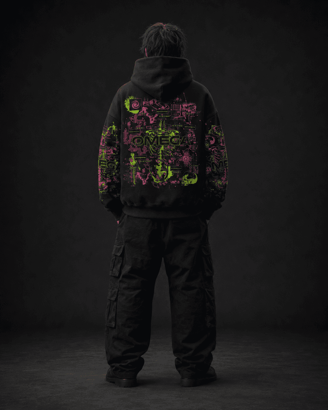 Model wearing OMEGA Labs hoodie back view