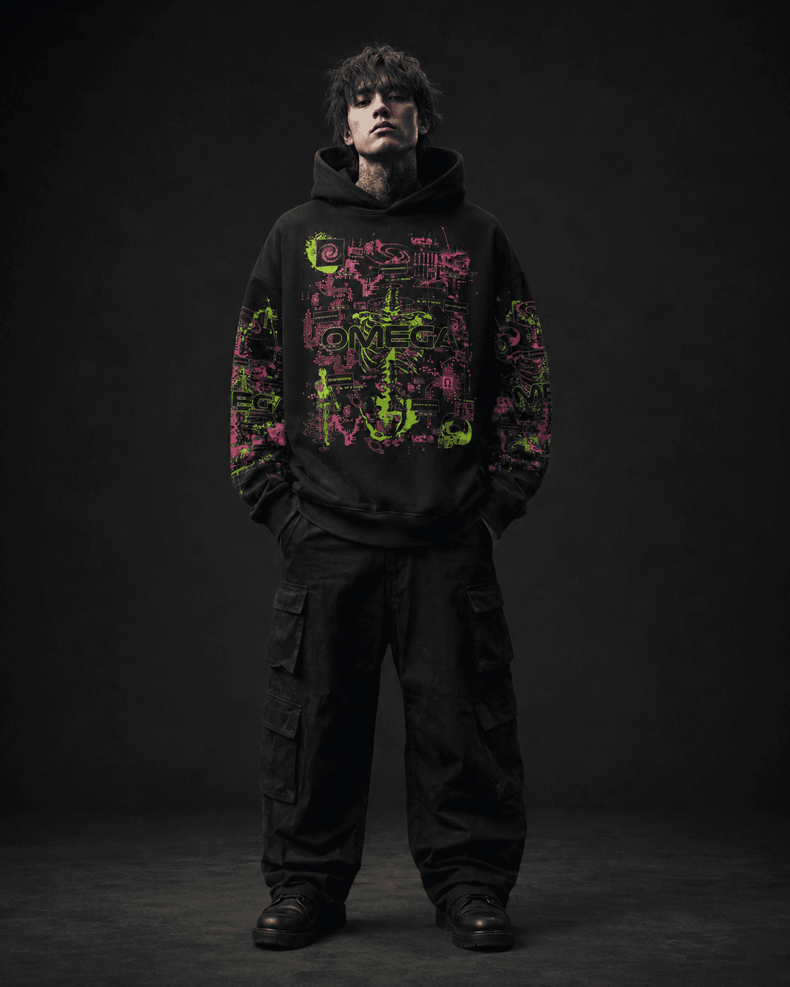 Model wearing OMEGA Labs hoodie front view